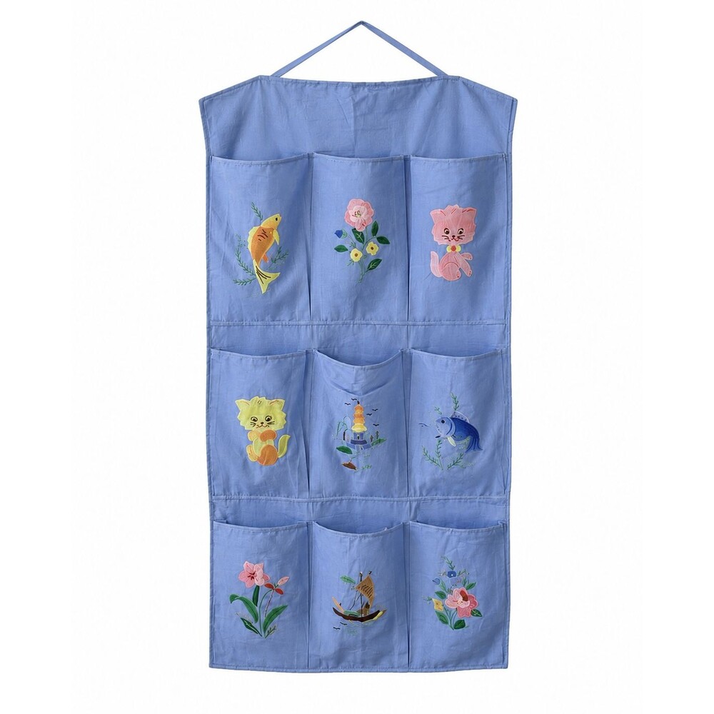 Vintage Kids Nursery Room Blue Applique 9-Pocket Wall Hanging Storage Organizer